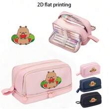 Capybara-Themed Pencil Case Featuring A Cartoon Print, Designed With A Spacious Double Zipper For Organizing Stationery, Back To , First Day Of School - Multicolor - View 4