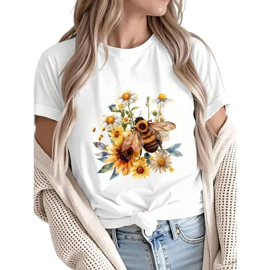 Women's Watercolor With Sunflowers And Daisies Graphic Short Sleeve-Shirt Casual Crewneck TopDaily Casual Round Neck Short Sleeve-Shirt - White - View 1