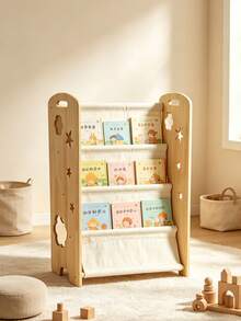 1pc 3-Tier Wooden Bookshelf With Star Hollow Design, Includes 3pcs Faux Books, Suitable For Room Essentials, Children's Room, Newborn Essentials - Multicolor - View 5