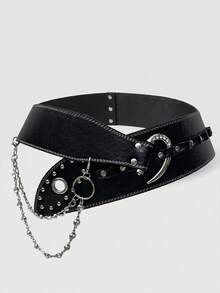 MortiRose 1pc Solid Color Punk Street PU Leather Heavy Rivet Curved Hook Rhinestone Chain Belt, Y2K American Baddie Fashion Punk Retro Style Waist Belt - Black - View 11