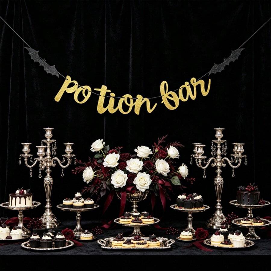 1 Set Potion Bar Gold Glitter Letter Banner/Bat Decor Halloween Banner/Dark Party Background Hanging Flag/Gothic Style Halloween Dessert Table Photo Prop/Bat Element Halloween Decor Flag Witch Theme Cocktail Party Table Wall Decoration - View 1