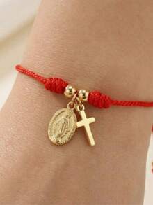 1pc European And American Red Rope Braided Bracelet, Cross Design, Minimalist Niche Style, Fashionable Personalized, Ins Style, High-End Jewelry - Multicolor - View 6
