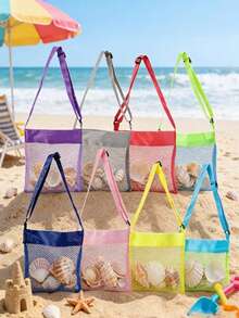 1/3pcs Bright Color Mesh Beach Tote Bag - Lightweight, Adjustable Shoulder Strap, Foldable Design,Back To School - Multicolor - View 7