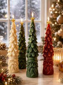 Moule à bougie en silicone 3D sapin de Noël haut avec base Père Noël, sapin pointu avec gaufrage de couche de feuilles, sommet étoile dorée et base barbe du Père Noël, silicone flexible anti-adhésif résistant à la chaleur, facile à démouler et à réutiliser, convient pour la cire de soja, la résine époxy, le plâtre, le savon, les loisirs créatifs DIY, la décoration de table de fenêtre d'hiver et les boîtes cadeaux de Noël faites à la main - Moule du Père Noël - Voir 1