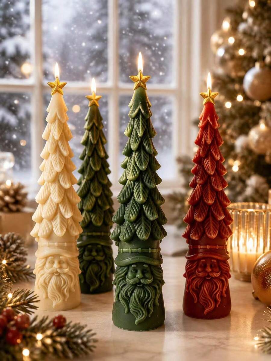 Moule à bougie en silicone 3D sapin de Noël haut avec base Père Noël, sapin pointu avec gaufrage de couche de feuilles, sommet étoile dorée et base barbe du Père Noël, silicone flexible anti-adhésif résistant à la chaleur, facile à démouler et à réutiliser, convient pour la cire de soja, la résine époxy, le plâtre, le savon, les loisirs créatifs DIY, la décoration de table de fenêtre d'hiver et les boîtes cadeaux de Noël faites à la main - Moule du Père Noël - Voir 1