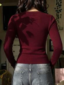 Spring/Autumn Burgundy Ribbed Long Sleeve Knit Top For Women, Deep V-Neck Slim Fit Cropped Waist-Baring Basic Sexy Knit Base Layer - Burgundy - View 2