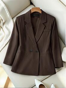 HOMEYEE Elegant Plus Size Women's Pinstripe Blazer, Lapel Double-Breasted Design, Long Sleeve, Perfect Choice For Autumn/Winter Workplace Outfit - Brown - View 8