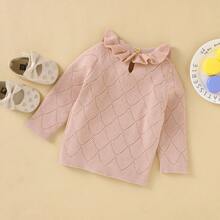 1pc Light Pink Double Layer Ruffle Collar Diamond Hollow Out Girls Knit Sweater, Baby Girl Round Neck Long Sleeve Pullover Top, Versatile Base Layer - Pink - View 4