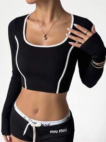 1pc Women's Ribbed Long Sleeve Sports Top, Autumn/Winter, Soft Elastic Shaping Slim Fit Versatile T-Shirt Black - Black - View 1