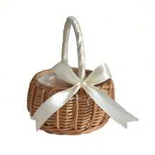 Handmade Woven Rattan Mini Handheld Flower Basket With Ribbon Bow, Exquisite Floral Arrangement Decorative Container, Outdoor Camping Picnic Fruit Storage Basket, Home Desktop Cabinet Sundries Organizer Storage Basket, Wedding Favor Photography Prop Versatile Woven Small Basket - Beige - View 1