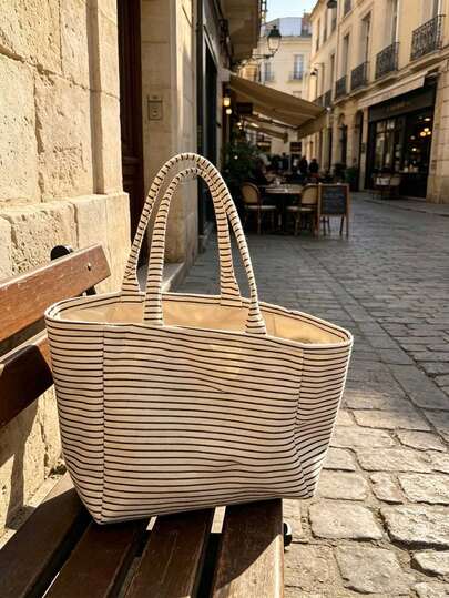 Black Vintage Striped Tote Bag And Matching Pouch, Fashionable Contrast Color Design, Bohemian Striped Beach Bag, French Striped Canvas Holiday Tote, Durable Reusable Shopping Bag, Suitable For Daily Use, Church Outings, Travel And Work, Travel Tote Bag, Suitable For Beach Sunbathing, Picnic, Camping, Travel, Gym, Pool Bag, Beach Bag, Women's Weekend Bag, Unique Birthday Gift, Holiday Gift, Wedding Gift, Party Gift, Back To School Gift, School Season Gift.