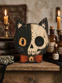 6pcs/1pc Vintage Halloween Indoor Decor, 15cm/5.91in Halloween Cat Wooden Shelf Decor Blocks, Skull, Black Cat, Primitive Style Halloween Decoration, Housewarming Gift, Gothic Style Wooden Cat Head, Handmade Distressed Antique Skull Cat Head, Indoor Decoration, Vintage Wooden Block Shelf Decor, 6 Styles Available, Collectible Figurines - Multicolor - View 15