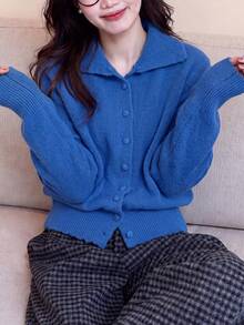 女款休閒極簡鈕扣設計針織開襟毛衣，秋冬季 - 藍色 - 查看 3