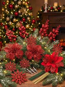 10pcs/60pcs 1 Set Christmas Artificial Poinsettia Flower Stems With Clips, Glitter Faux Flower Decor, DIY Christmas Tree Hanging Ornaments, Holiday Home Decoration, Suitable For Wreaths, Garlands, Tabletop Arrangements, Winter Indoor, Farmhouse Windowsill Fireplace Holiday Decor - Multicolor - View 6