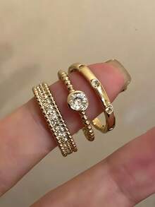 3pcs Elegant Luxury Women's Ring Set, Delicate Rhinestone Adjustable Open Rings, Suitable For Daily, Party, Date, Festival, Beach Vacation, Gift For Friends, Family, Couples, Jewelry Accessories - Gold - View 4