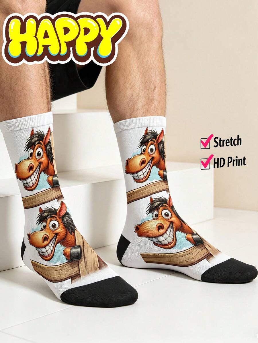 Cool 360° Printed Men's Socks - Streetwear Socks,Animals,Horse,Bull,Cow,Cartoon,Colorful,Funny Socks, Fit Daily, Holiday & Party Occasions - White - View 1