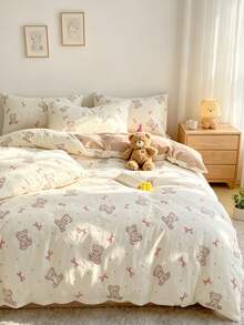 3pcs/Set,Cartoon Bear Duvet Cover Set,Cloud-Like Touch,Washed Process,Breathable, (1 Duvet Cover + 2 Pillowcases) Does Not Include Duvet Insert And Pillow Insert,Pillowcase Pattern Randomly Cut - Light Brown - View 2