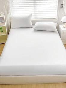1pc White Solid Color Thick Brushed Microfiber Fitted Sheet Soft Mattress Cover - White - View 8