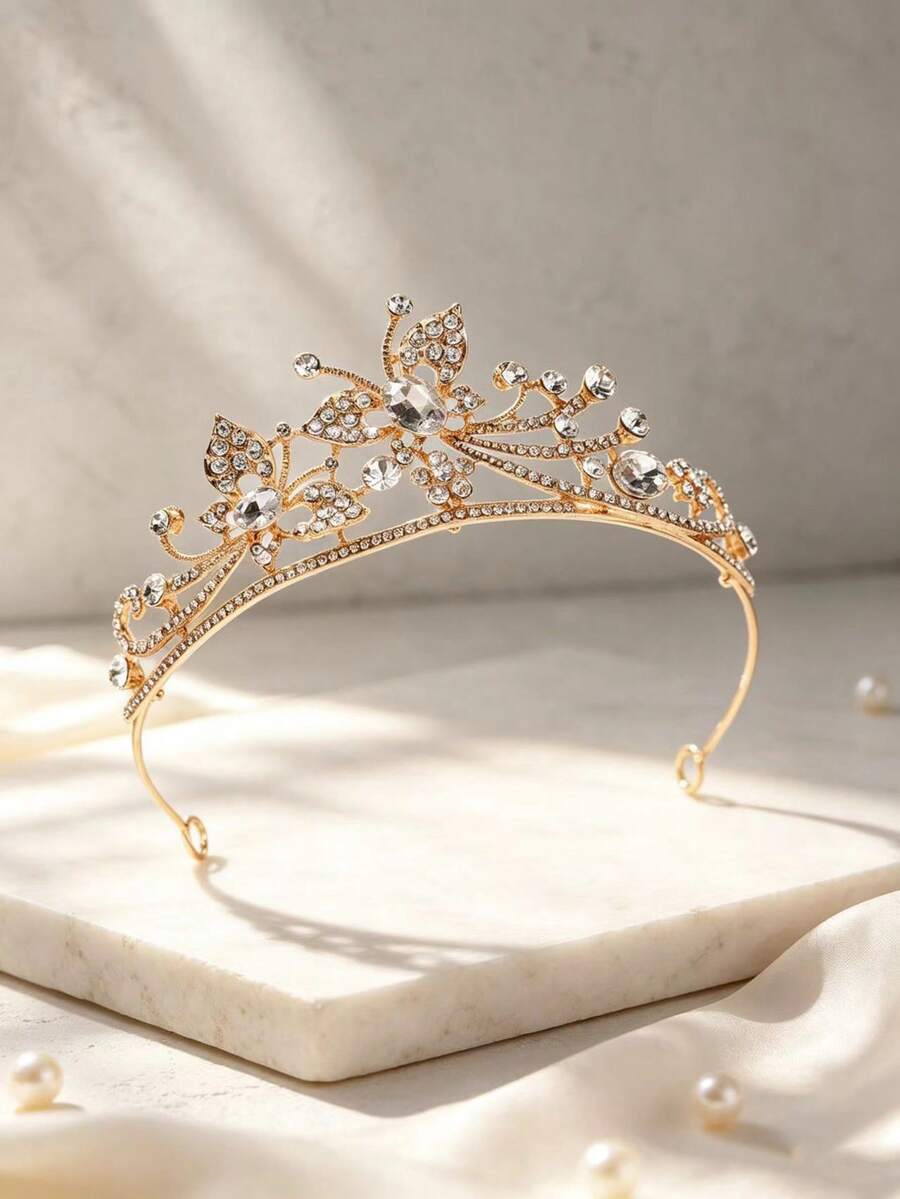 1pc European & American Bridal Fashion Exquisite Moon Rhinestone Crown, Suitable For Women's Wedding Party Hair Accessory, Princess Birthday Party, Halloween Cosplay Hair Accessory, Performance Costume Accessory Crown - Gold - View 1