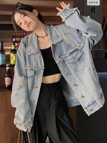 Women's Frayed Hem Drop Shoulder Long Sleeve Denim Jacket - Light Wash - View 4