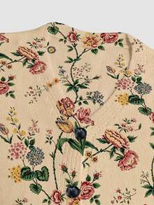 ADFHP Women's Sweater, Vintage Multicolor Floral Print V-Neck Button Front Long Sleeve Knit Cardigan, Casual Loose Top For Fall/Winter Social Occasions - Multicolor - View 4