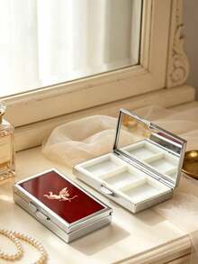 Vintage Cupid Angel Pattern Travel Jewelry Box, Portable Metal Frame Detachable Earring Storage Box, Vintage Red Enamel Small Jewelry Organizer, Multi-Compartment Grid Design For Rings, Earrings, Small Pendants And Mini Accessories - Multicolor - View 10