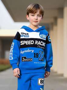 Tween Boys' Spring/Autumn Long Sleeve Hoodie & Long Pants 2-Piece Set, Royal Blue With Black & White Contrast Racing Letter & Number Print Hoodie And Matching Royal Blue Racing Logo Print Cuffed Casual Sweatpants, Suitable For Daily Outings, School Activities, Outdoor Leisure, Motorcycle Racing Sportswear - Blue - View 6