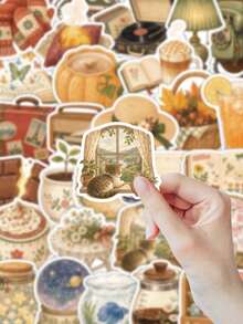 53pcs Vintage Pastoral Watercolor Cozy Life Sticker Pack, Retro Aesthetic Warm Home Cat Window, Coffee, Bakery, Travel Stationery, Waterproof Vinyl Stickers, Suitable For Planner, Notebook, Laptop, Water Bottle, Journal, Gift Wrapping, Perfect Gift - Vintage Accessories - View 3
