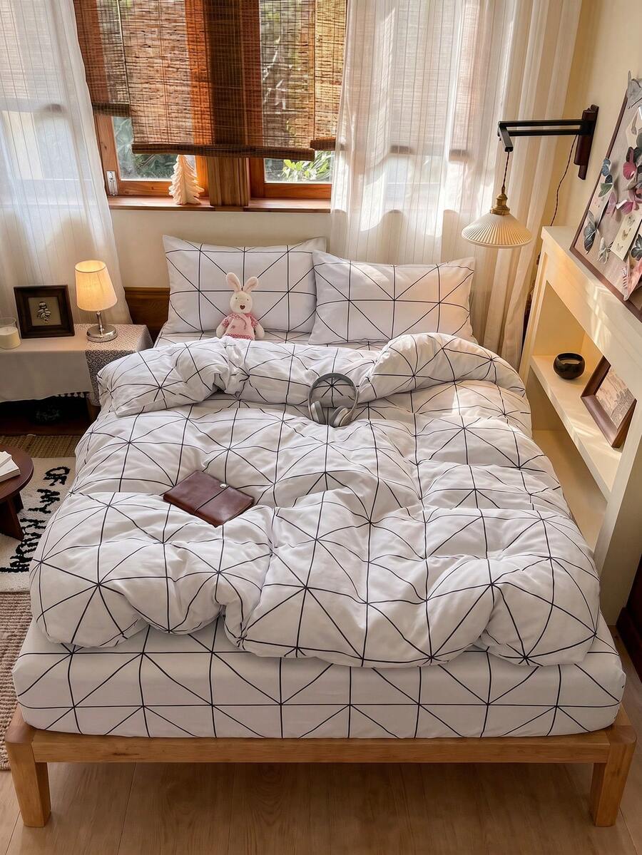 2/3pcs White Geometric Triangle Pattern Duvet Cover Set, No Filling, Breathable Super Soft All Season (1pc Duvet Cover + 1/2pcs Pillowcases, No Pillow Inserts), Soft Bedding Set, Suitable For Bedroom, Back To School Dorm Use - White - View 1