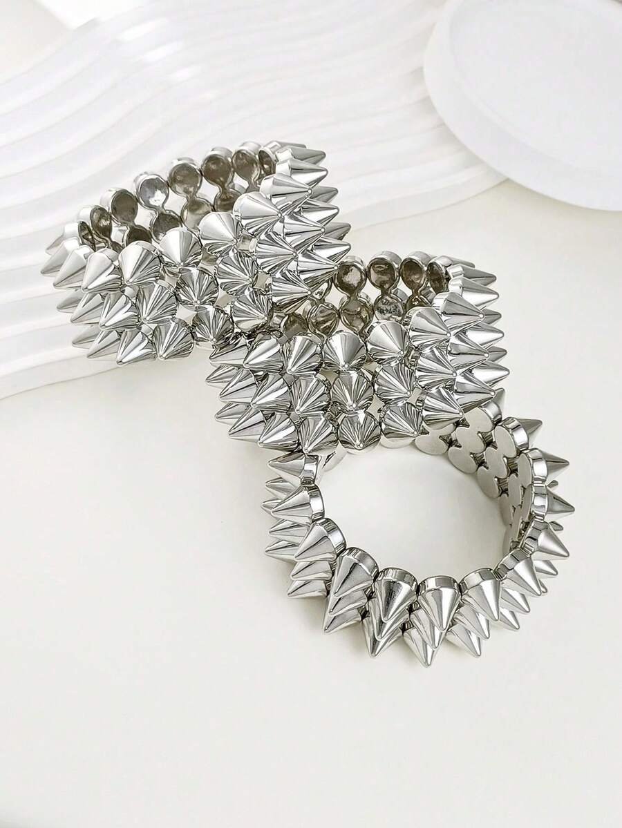 1/2/3pcs Fashion Exaggerated Personalized Punk Rivet Bracelet, Suitable For Women And Couples - Silver - View 1