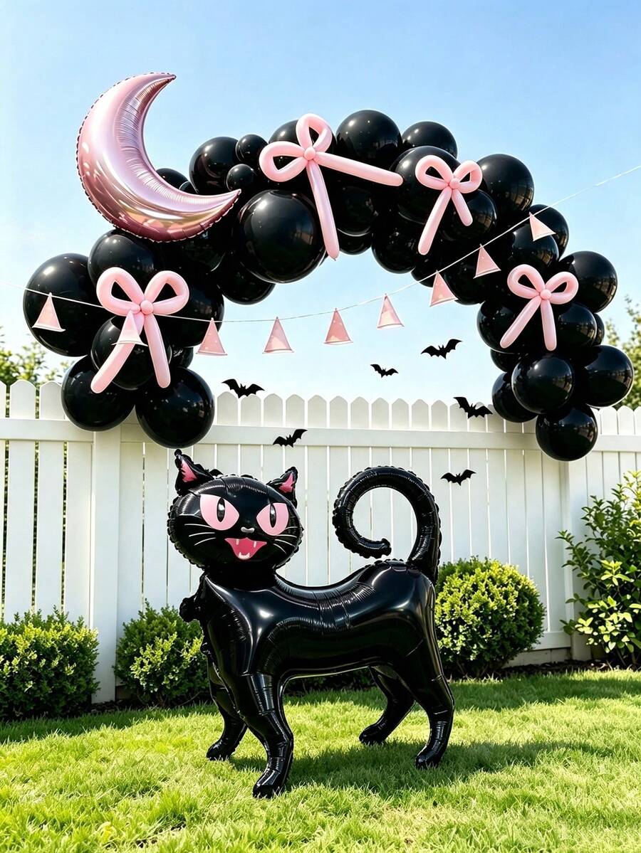 37 pièces Ensemble de ballons rose et noir pour Halloween, chat noir, lune, ballons magiques, ballons en latex noir, fête, fête de fille douce et cool, anniversaire