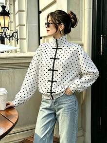 Jaket Polkadot Kancing Depan Gaya Cina Retro Elegan untuk Wanita, Jaket Kemeja Polkadot Blok Warna untuk Liburan Musim Gugur dan Musim Dingin, Cocok untuk Kembali ke Sekolah atau Liburan. - Putih - View 4