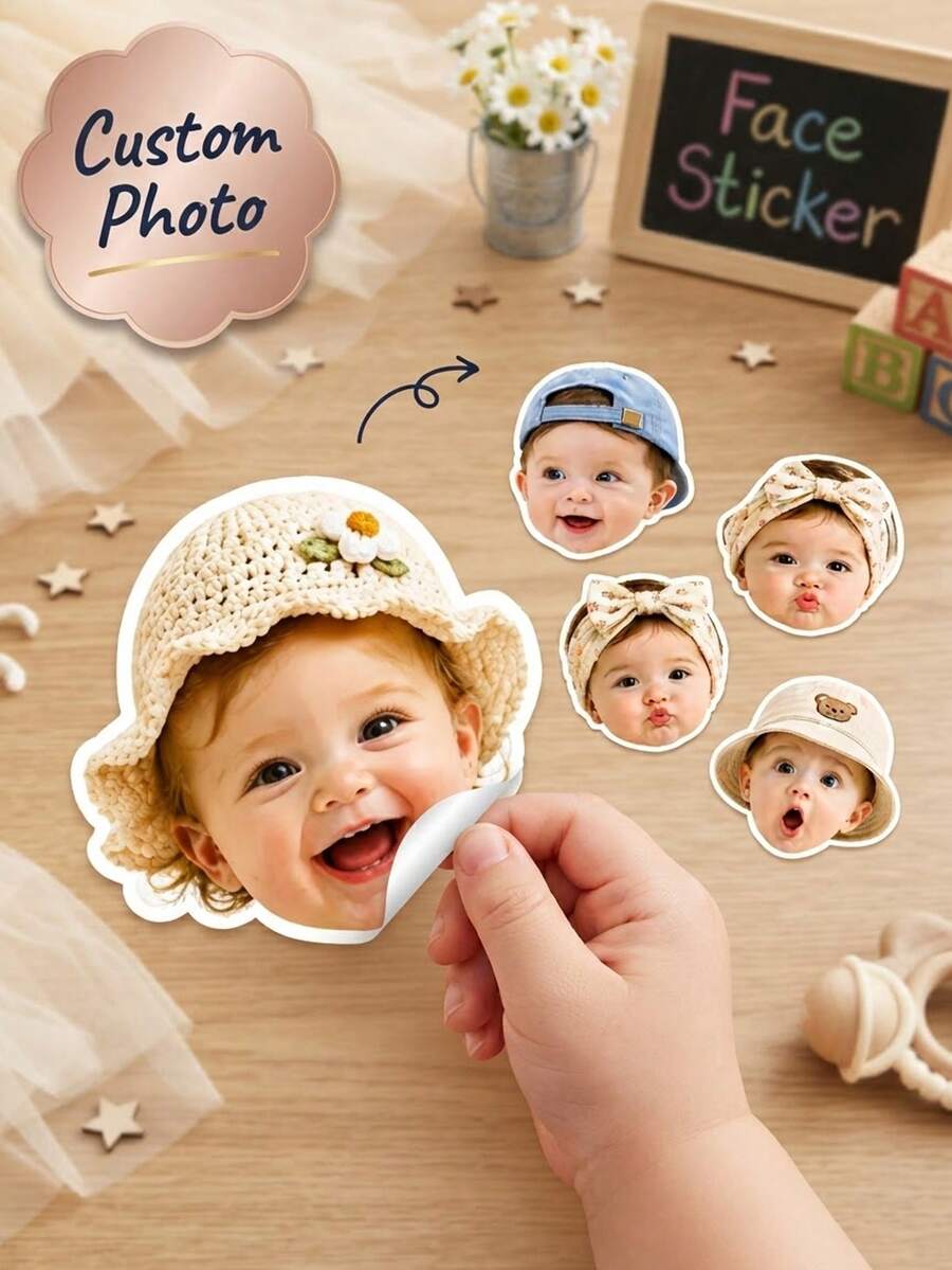 Custom Baby Photo Face Stickers,Assorted Hat Portrait Cutout Stickers,Knit Bucket Cap Bow Hat Stickers For Birthday Party DIY Decor,Birthday Gift - Multicolor - View 1