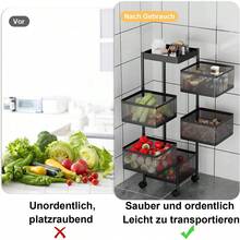 Kitchen Rotating Storage Trolley Cart, 360° Swivel Utility Vegetable Fruit Mobile Shelf Rack With Magnetic Top Tray & Lockable Wheels, 3/4/5 Tier Black Metal Mesh Organiser - 黑色 - 查看 9