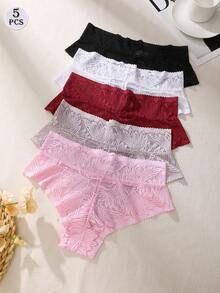 FINETOO 5pcs/Pack Women's Full Lace Hollow Floral Mid-Waist Thong Panties, Romantic Sexy Lingerie, Suitable For Spring And Summer - Multicolor - View 4