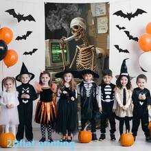 2D Flat Banner 1pc Funny Skull Halloween Decoration Hanging Cloth, Smoking Skull Operating Computer Creative Print Background Fabric, Suitable For Halloween Party Horror Atmosphere Decoration, Bar Personalized Wall Tapestry, Indoor Funny Photo Backdrop, Polyester Material - A - View 10