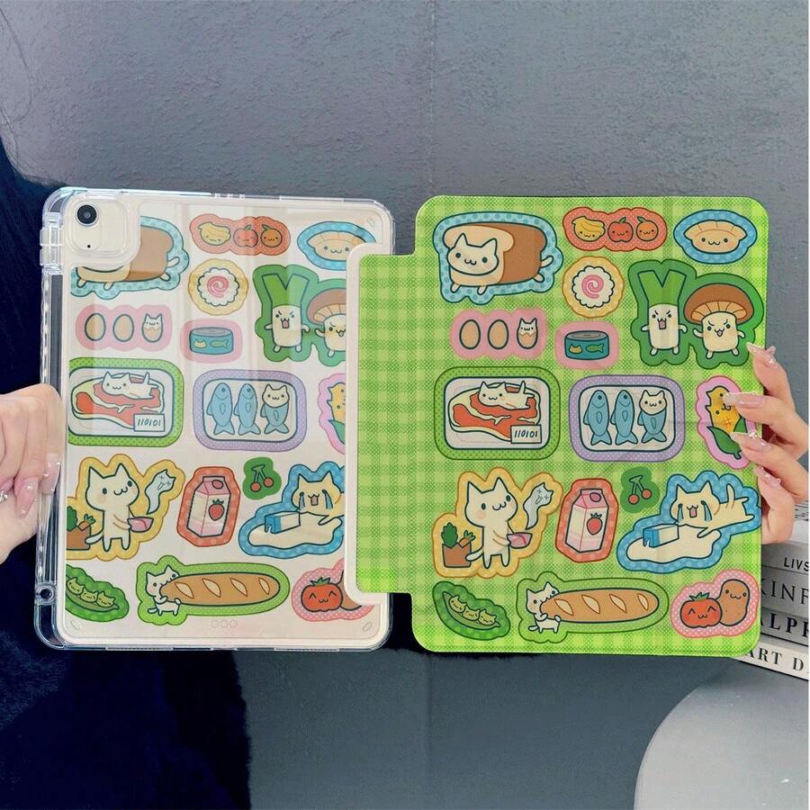 1件綠色格紋可愛食物貓貼紙 3+Y 折疊多角度磁吸支架平板保護殼，附筆槽與自動休眠/喚醒功能，相容 iPad PRO/AIR、Pad 5/6/7、Pad、MatePad、Honor Pad