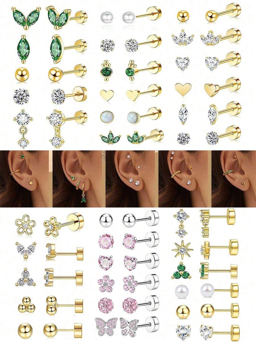 10 piezas Pendientes de Espalda Plana para Mujeres Paquete Múltiple | Pendientes de Hélice | Pendientes de Cartílago | Pendientes Hipoalergénicos | Pendientes de Botón para Fiesta Boda Uso Diario - Pendientes - Ver 1