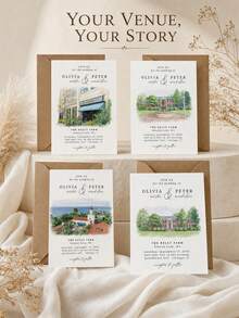 1pc Customized Watercolor Wedding Invitations, Personalized Architectural Sketch Wedding Cards, Customized Wedding Venue Cards, Wedding Venue Illustration Stationery. Engagement Ceremony Invitations, Wedding Thank-You Dinner Invitation Cards. - Multicolor - View 4