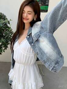 Jaket Pendek Denim Baru Longgar Gaya Vintage Elegan Atasan Kasual Wanita - Biru - View 5