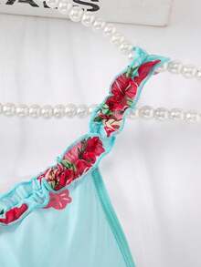 2pcs Sexy Lingerie Sleepwear Set, Includes Matching Thong, Exquisite Ruffle Hem, Vibrant Floral Pattern - Green - View 3