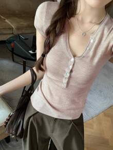 Soft & Versatile V-Neck Knit T-Shirt Women's New Korean Style Slim Fit Flattering Button Short Sleeve Top Summer - Oatmeal - View 3