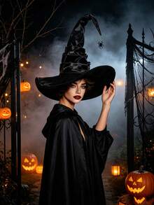 1pc Halloween Women Witch Hat,Devil Spider Wizard Hat,Black Ruched Crooked Wicked Witch Cap For Costume Cosplay Party Halloween Party Favors Party Favors Trick-Or-Treat And Activities Halloween Party Favors Supplies Activities Games Gifts. - A - View 2
