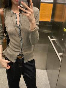 Women's Relaxed Fit Grey Cinched Waist Long Sleeve Knit Sweater, Loose Slimming Versatile Base Layer Top For Autumn - Picture Color - View 3