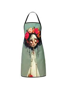 2Pcs Zombie Bride Day Of The Dead Apron Set, Spooky Cute Corpse Bride Floral Crown Kitchen Apron, Gothic Sugar Skull Catrina Cooking Apron, Halloween Wedding Chef Apron For Baking Grilling - Multicolor - View 4