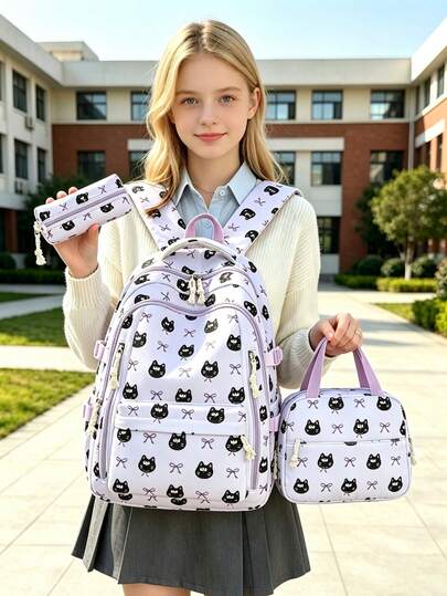 3-Piece Fashionable College Style Cute Cat & Dog Print Backpack Set, Includes Backpack, Portable Lunch Bag & Stationery Storage Bag, With Laptop Compartment, Short Trip Travel Set, Large Capacity Campus Commuter Bag Set, Multi-Functional Daily Travel Bag Set, Suitable For Girls, College Students, Graduate Students, For Daily Commute, Leisure Vacation, Short Trips, Back To School