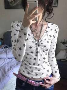 Rikumo 秋季新款星星印花打結V領長袖T恤，薄款修身顯瘦上衣 - 杏色 - 查看 6