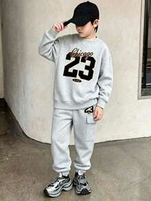 Tween Boy Numeric Print Crew Neck Sweatshirt And Sweatpants Set - Grey - View 10