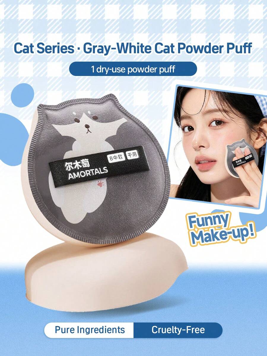 Amortals 1pc Grey & White Cat Dry Makeup Sponge, Medium Soft Thick High Density Rebound Sponge, Creates Even Flawless Base Makeup, Only Suitable For Powder And Cream Foundation, Cute Cartoon Makeup Sponge, Suitable For Daily Beginner Makeup