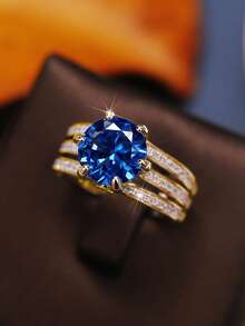 1 buah Cincin Wanita Bertema Kubik Zirkonia, Cocok untuk Pernikahan, Pertunangan, dan Hadiah Hari Valentine - Kuning keemasan + biru tua - View 5